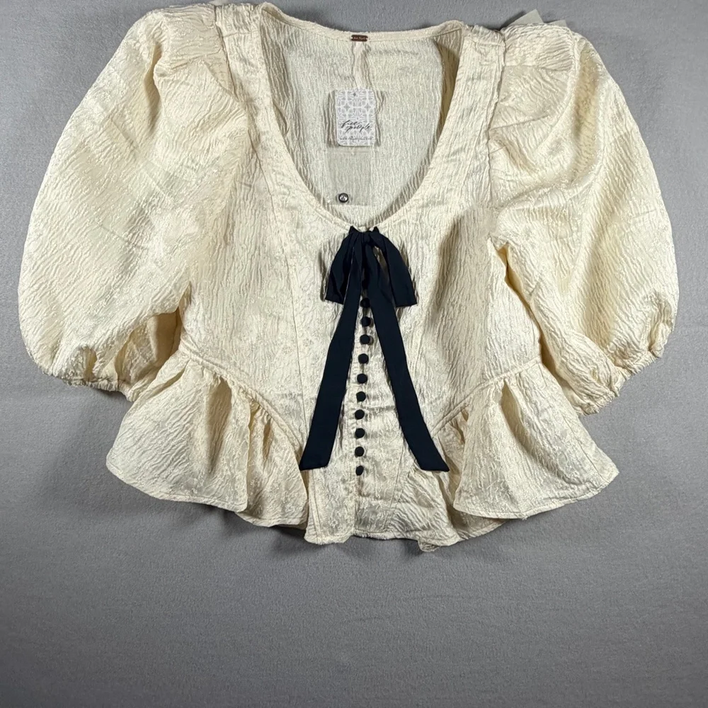 Free People NWT Ivory Textured Puff Sleeve Peplum Top Black Tie Bow Size P